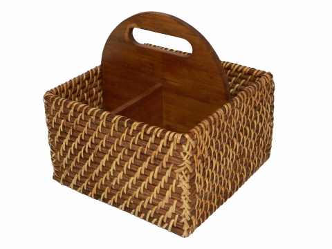 Square rattan flatware caddy with bamboo bottom